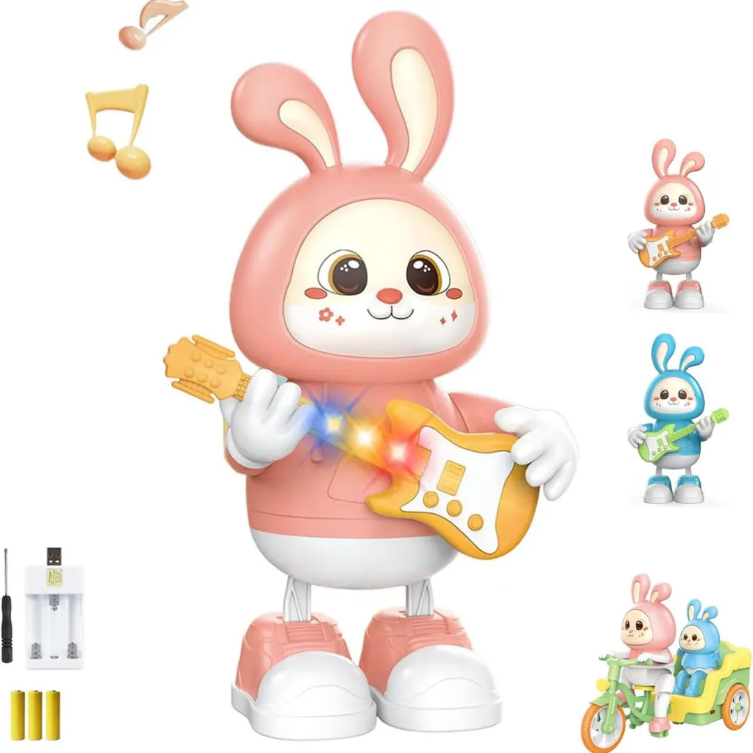 Adorable Rabbit Toy with Charge Battery, 2023 New Electric Cartoon Rabbits Guitarist Toy, Can Singing Dancing Music Lighting Rabbit Tricycle Toys, Christmas Birthday Gifts for Kids (A)