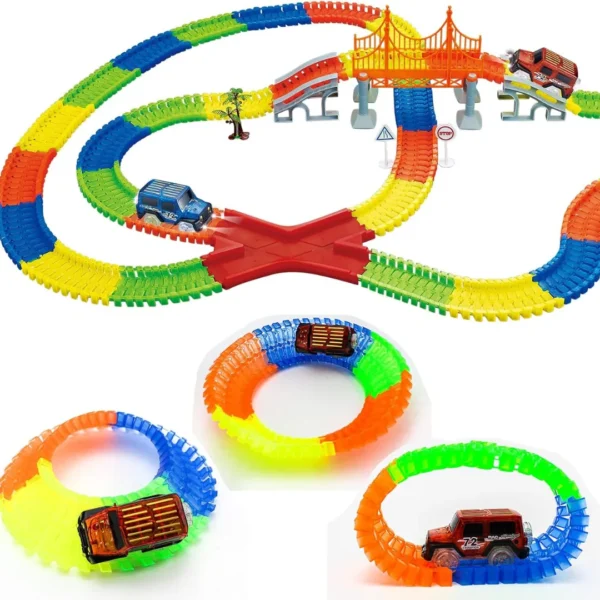 Bravepal Car Track Glow in the Dark, Glow Race Tracks Toy with 2 LED Light Race Cars, Racing Cars Construction Toy, 360PCS Flexible Race Track Gifts for 3 4 5 6 Year + Boys Girls